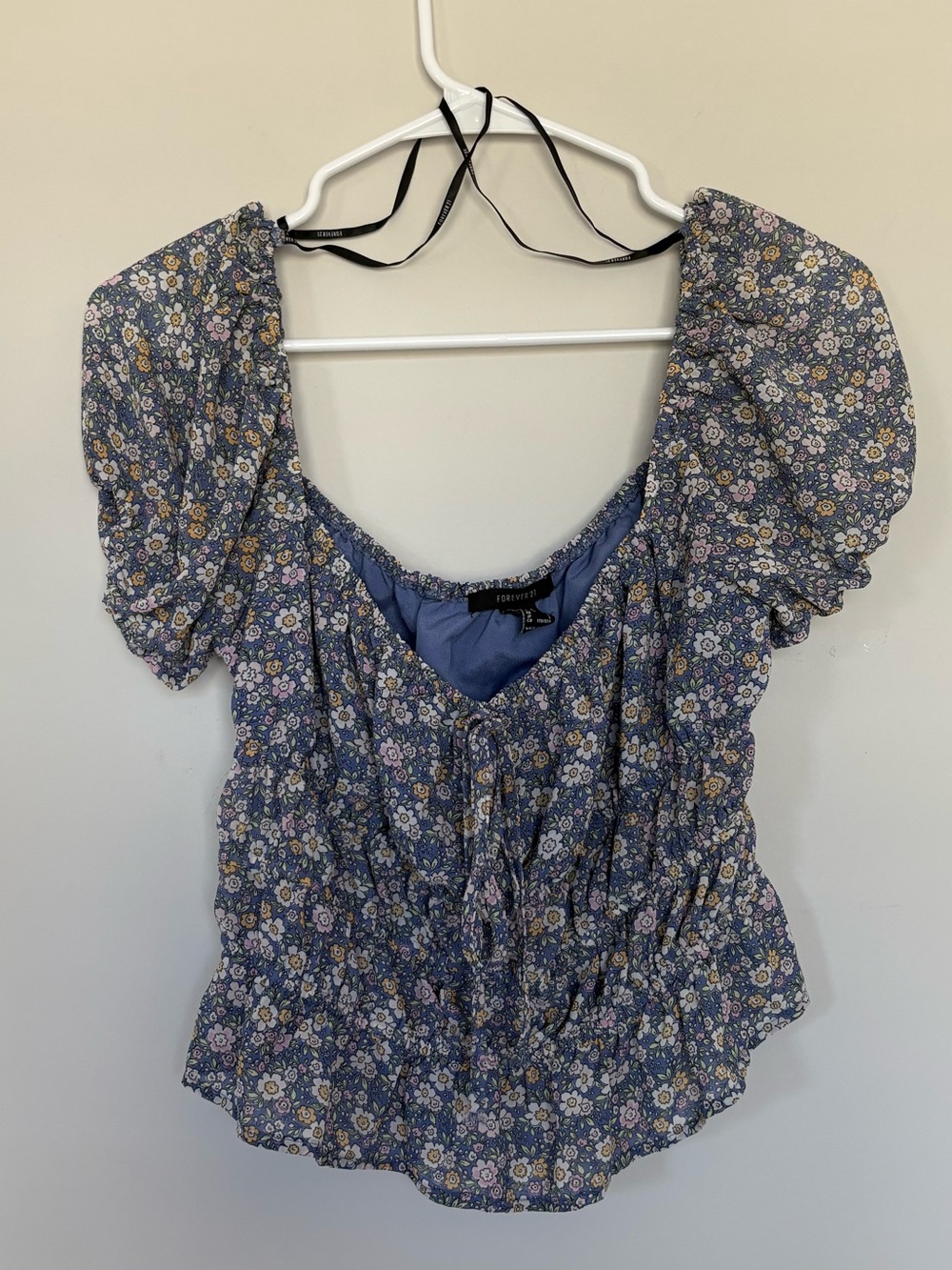 Forever 21 Floral Puff Sleeve Ruched Top Size Large Cottagecore Summer
